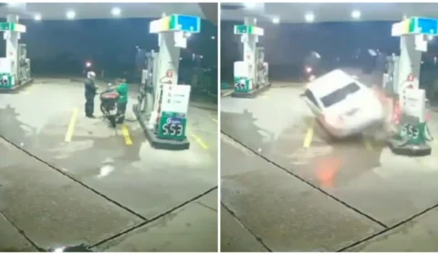 VÍDEO: frentista e motociclista escapam de colisão com carro em posto no PE