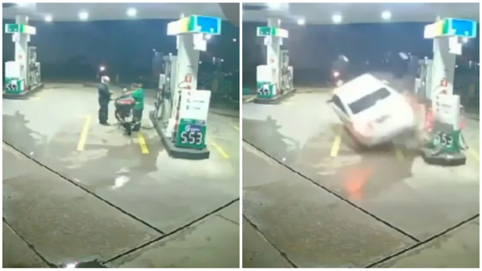 VÍDEO: frentista e motociclista escapam de colisão com carro em posto no PE