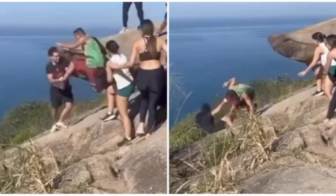 VÍDEO: turistas quase despencam da Pedra do Telégrafo após brigarem por foto