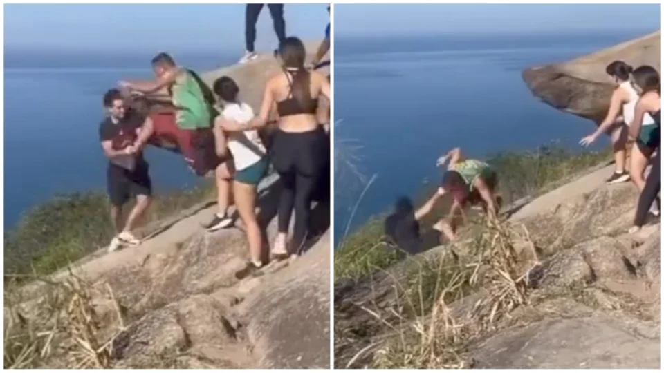 VÍDEO: turistas quase despencam da Pedra do Telégrafo após brigarem por foto