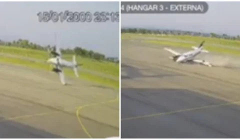 VÍDEO: asa de aeronave bate em pista e colisão causa explosão em Cuiabá-MT