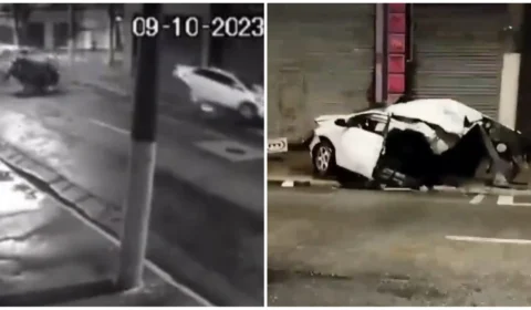 VÍDEO: carro se parte ao meio após colidir com poste no Centro de SP