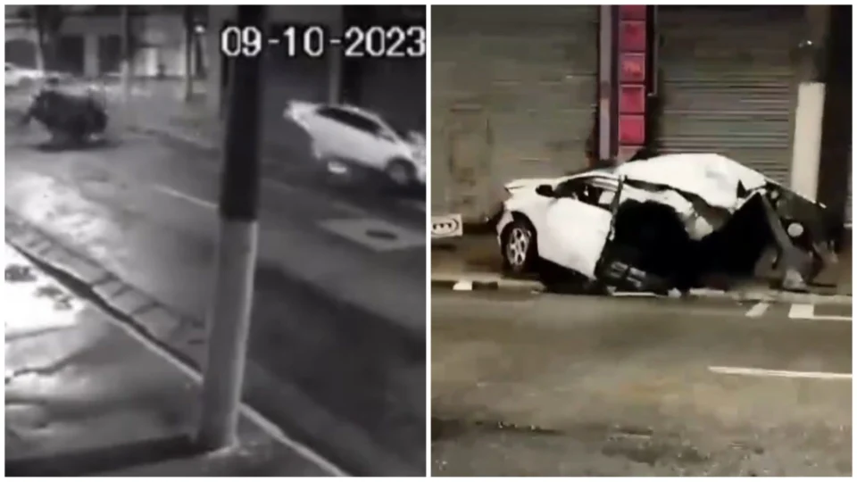 VÍDEO: carro se parte ao meio após colidir com poste no Centro de SP