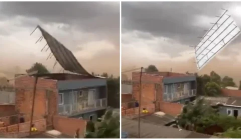 VÍDEO: telhado quase atinge homem durante ventania em Sumaré-SP