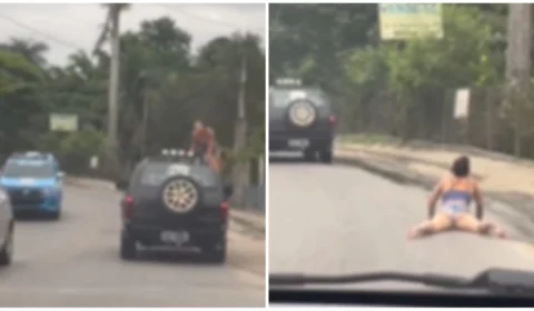 VÍDEO: mulher sobe em teto de carro, se desespera ao ver polícia e cai
