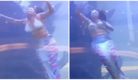 VÍDEO: sereia profissional vive momento de tensão ao ficar presa em aquário