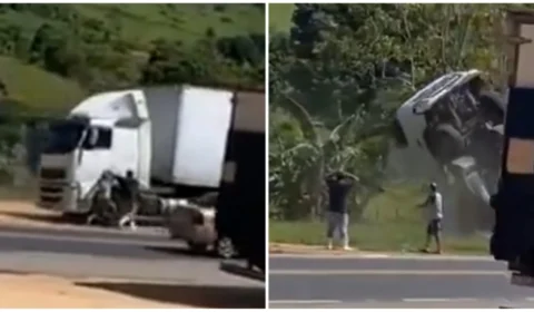 VÍDEO: carreta cai em ribanceira após motorista esquecer de puxar freio de mão