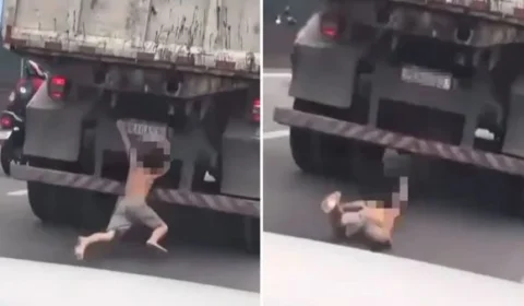 VÍDEO: Criança pega ‘carona’ em caminhão e quase é atropelada