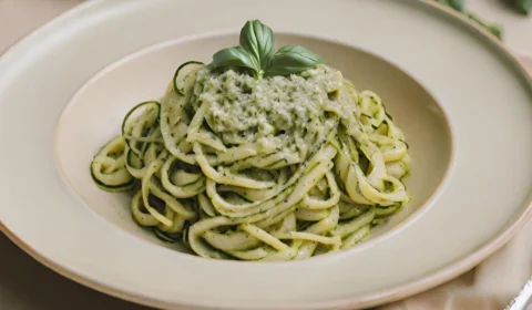 Receita vegana para as férias: macarrão de abobrinha com molho pesto