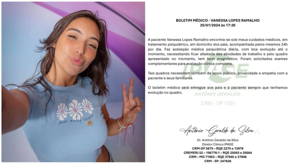 Vanessa Lopes tem acompanhamento psiquiátrico diário, diz boletim médico