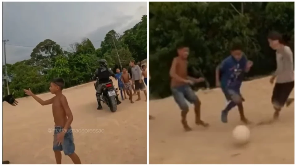 VÍDEO: sargento viraliza ao jogar futebol com crianças em Manaus