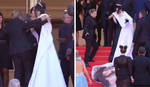 Atriz é expulsa do tapete de Cannes ao estampar rosto de Jesus; veja