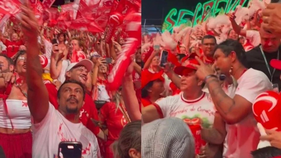 Xamã é visto no meio da galera do Garantido no Festival de Parintins