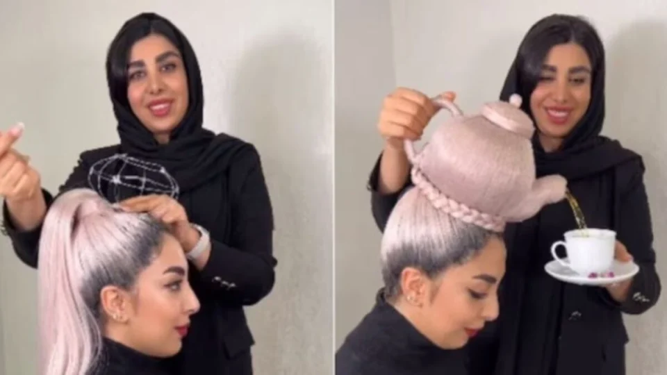 Cabeleireira faz bule de chá funcional com cabelo de modelo
