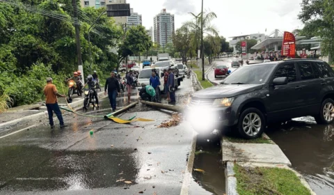 Carro colide contra poste em avenida de Manaus durante chuva