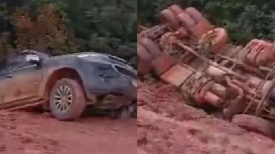 Picape e caçamba despencam de ribanceira na BR-319