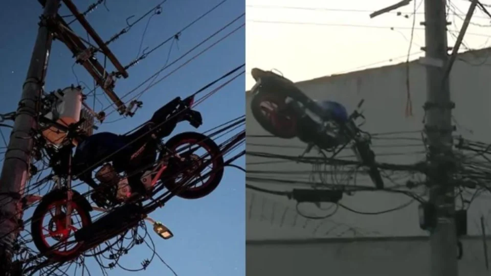 VÍDEO: moto fica presa em fiação elétrica após queda de balão