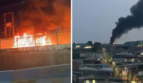 Incêndio atinge garagem de ônibus em Manaus e assume grandes proporções; confira vídeo