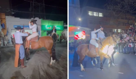 Isabelle e Matteus desfilam em cavalo durante evento em Farroupilha