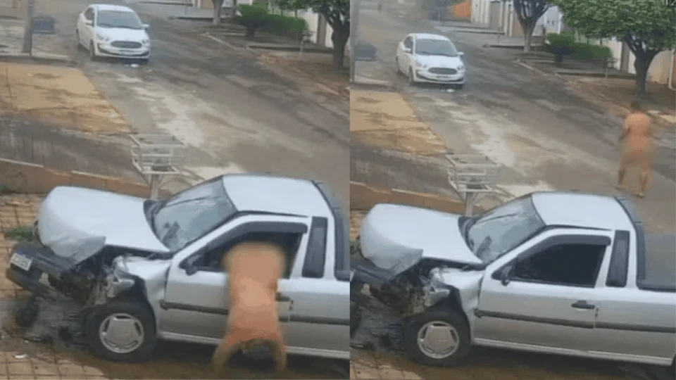 Ladrão de carro foge pelado após acidente em Anápolis-GO; assista