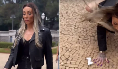 Maya Massafera leva tombo durante ensaio para desfile e viraliza; assista