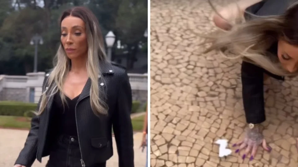 Maya Massafera leva tombo durante ensaio para desfile e viraliza; assista