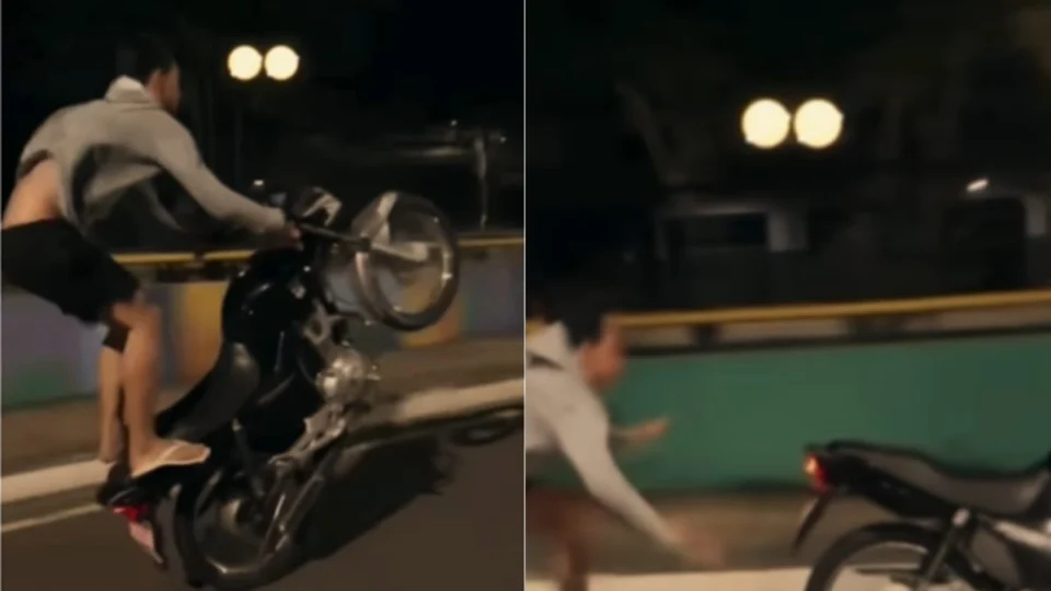 Motociclista em Manaus tenta fazer manobra arriscada, mas leva mega tombo; assista