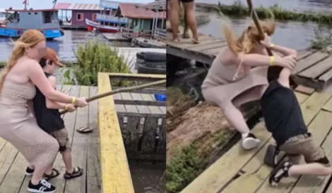 Turista tenta pescar pirarucu, porém não aguenta peso e se dá mal; assista