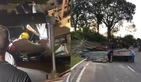 VÍDEO: Caminhão tomba em viaduto e deixa duas pessoas feridas em Manaus
