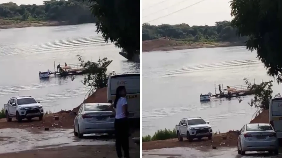 Vídeo: Caminhonete afunda ao cair de balsa em Roraima