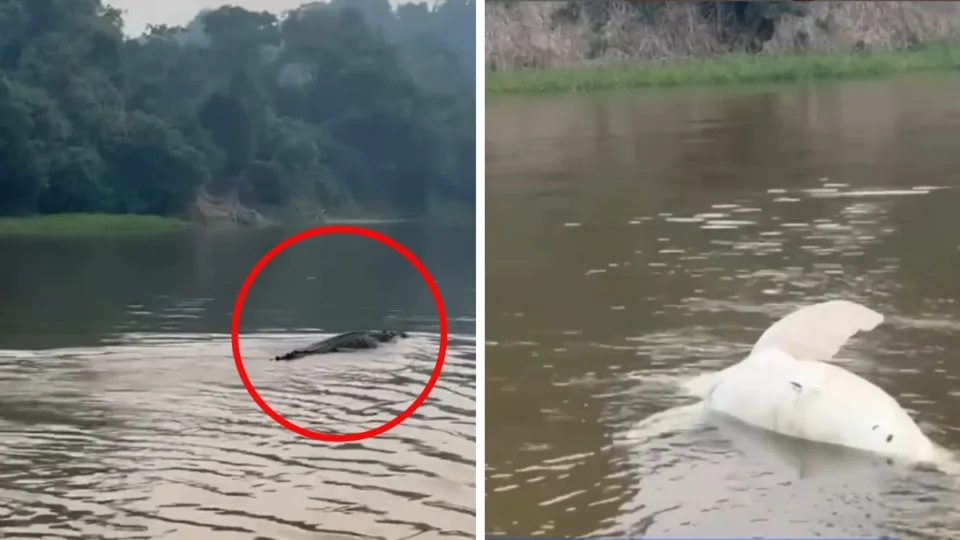 Jacaré ataca boto cor-de-rosa no Rio Guaporé em Rondônia; assista vídeo