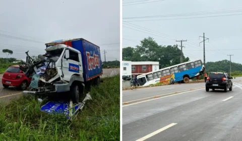 Acidente entre caminhão e ônibus deixa pai e filho feridos em Manacapuru