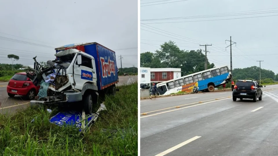 Acidente entre caminhão e ônibus deixa pai e filho feridos em Manacapuru