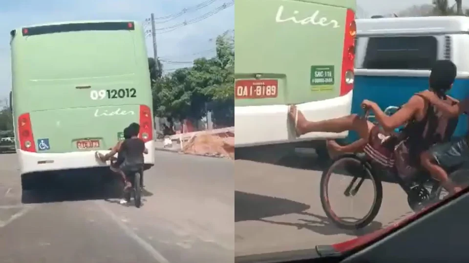 Vídeo: adolescentes são flagrados pegando ‘carona’ na traseira de ônibus em Manaus