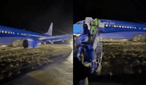 Avião com 182 passageiros faz pouso de emergência e fica fora da pista na Noruega