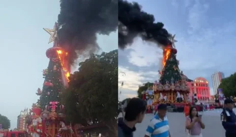 Urgente: árvore de Natal do Largo de São Sebastião pega fogo em Manaus; veja vídeo
