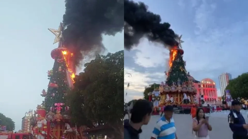 Urgente: árvore de Natal do Largo de São Sebastião pega fogo em Manaus; veja vídeo