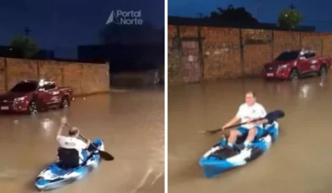 VÍDEO: homem substitui carro por caiaque ao trafegar em rua alagada de Porto Velho