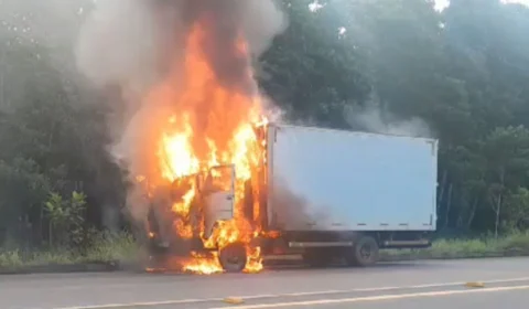 Caminhão carregado de ovos pega fogo na AM-070; veja vídeo