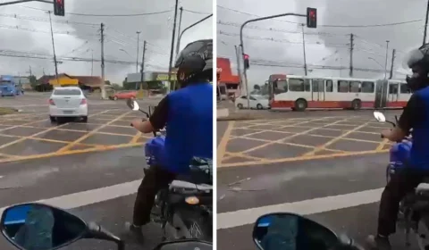 Motociclista filma momento em que carro avança sinal e colide com ônibus em Manaus