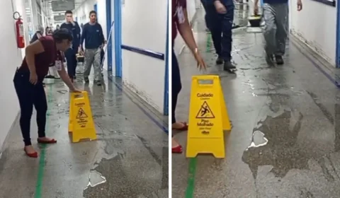 Chuva forte provoca alagamento no Hospital Platão Araújo, em Manaus; veja vídeo