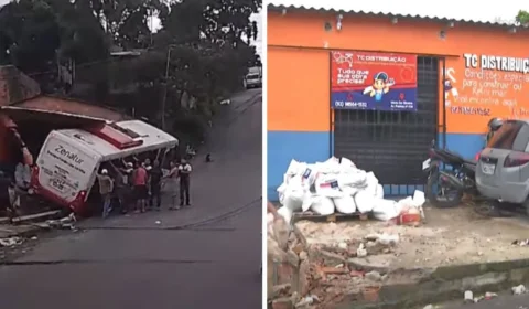 Ônibus de rota perde o controle e invade casa ao tentar subir ladeira em Manaus; veja vídeo