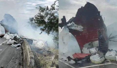 Acidente em Paulo Lopes: caminhão com carga tóxica tomba e vazamento atinge rio e vegetação