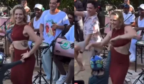 Leticia Colin rouba a cena em aniversário de Eduardo Sterblitch e diverte a web; veja vídeo