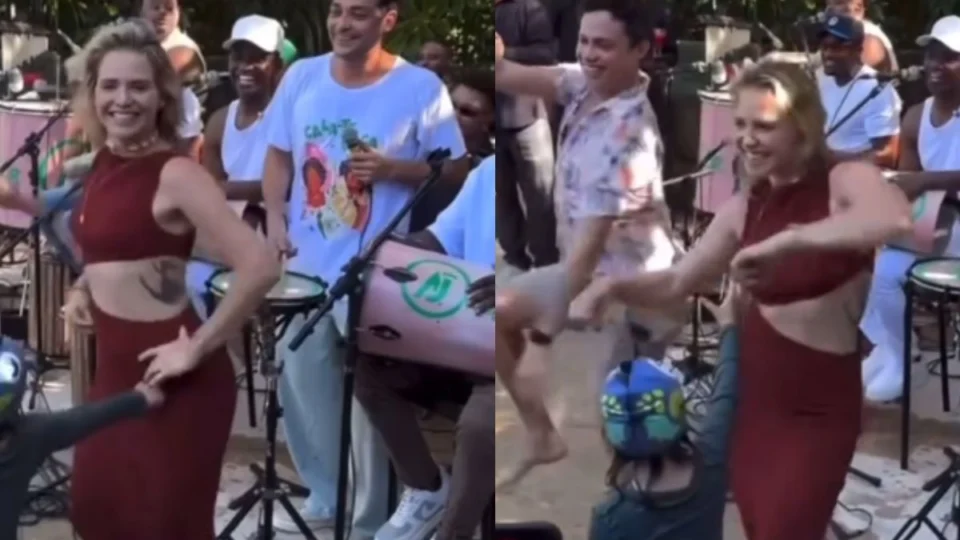 Leticia Colin rouba a cena em aniversário de Eduardo Sterblitch e diverte a web; veja vídeo