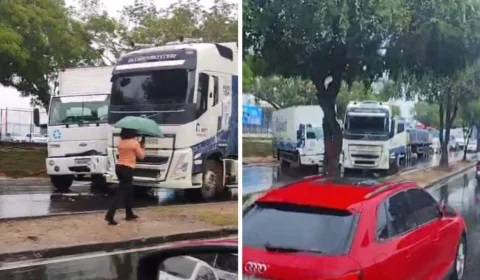 Caminhão derrapa, bate em carreta e deixa trânsito parado em Manaus; veja vídeo