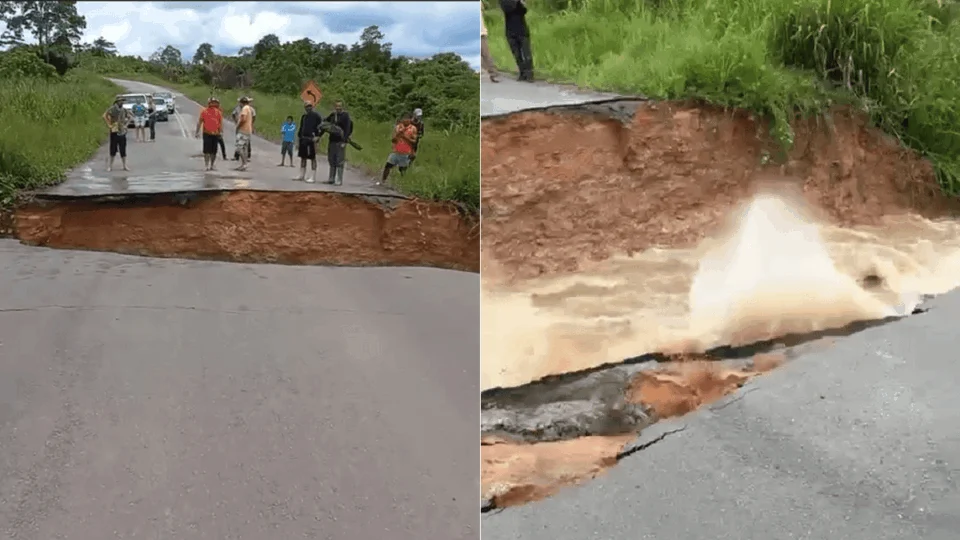 Após chuvas, vídeos mostram rompimento na BR-364 entre Feijó e Tarauacá, interior do Acre