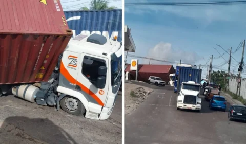 ‘Curva da morte’: contêiner tomba em local conhecido por acidentes em Manaus; veja vídeo