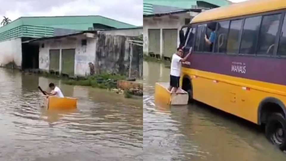 VÍDEO: morador improvisa canoa com geladeira durante temporal em Manaus