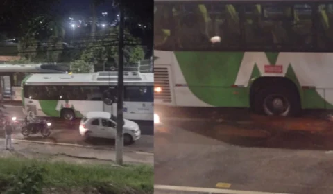 Ônibus cai em buraco na avenida Cosme Ferreira e causa congestionamento em Manaus; veja vídeo